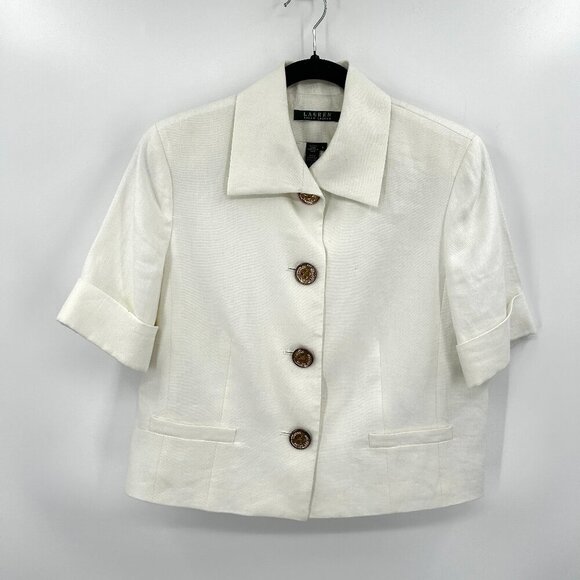 LAUREN RALPH LAUREN White 100% Linen Half Sleeve Cropped Blazer Jacket Size 8 - Picture 1 of 8